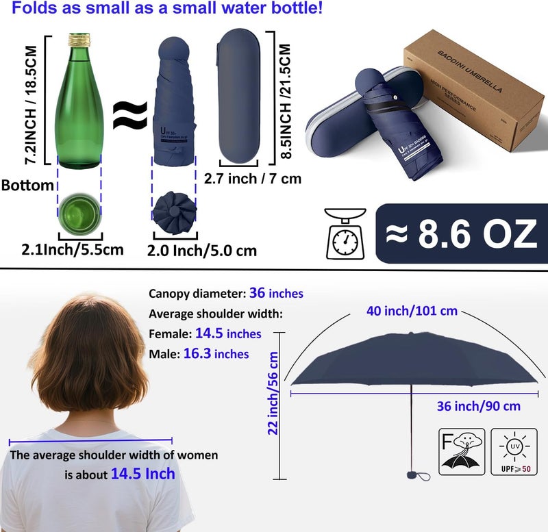 BAODINI Travel Essentials Mini Umbrella for Purse With Case Small Compact UV Sun Protection Lightweight Tiny Pocket Manual Open Close Umbrella for Women Kids and Men Fit Purse Backpack - Image 3